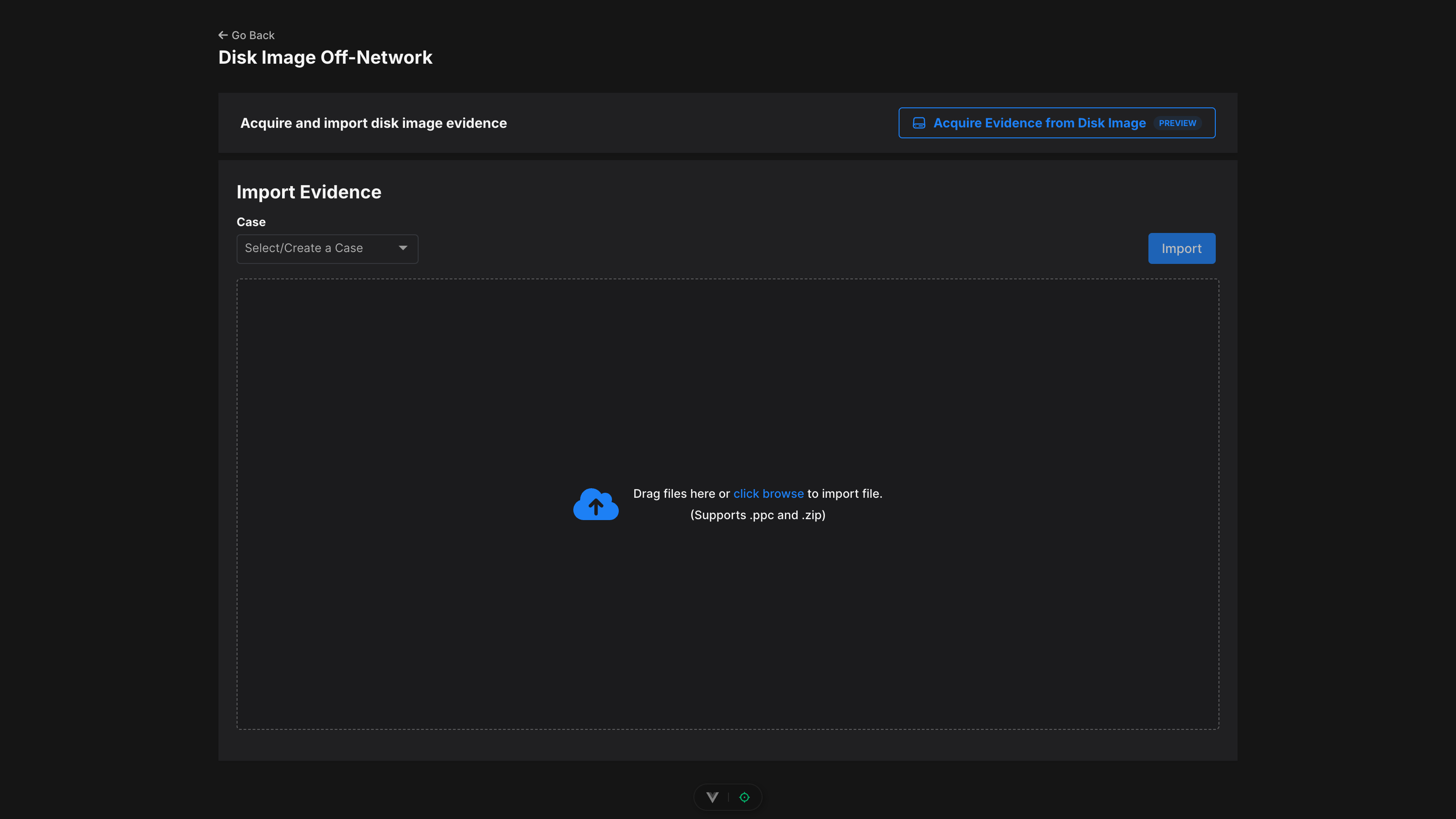 Disk Image Off-Network page with case selection and file drop area